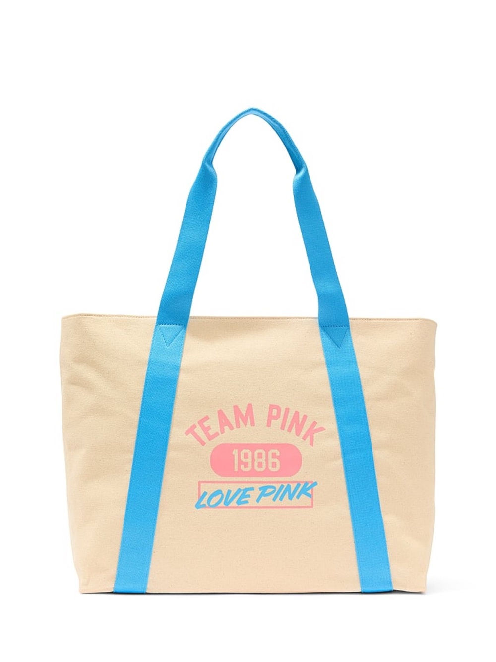 PINK Victoria's Secret Beige Canvas Tote with Bright Blue Straps and Pink Logo